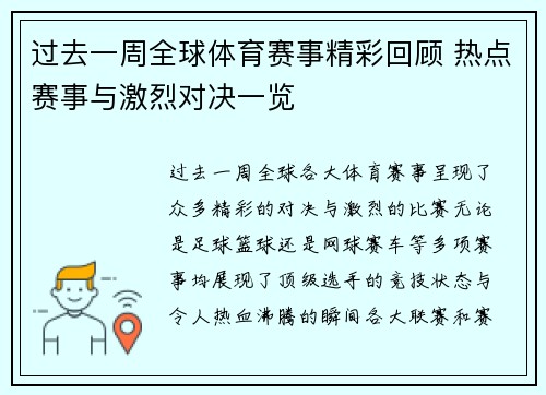 过去一周全球体育赛事精彩回顾 热点赛事与激烈对决一览